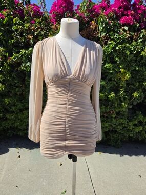 Salty Mesh Ruched Balloon Sleeve Bodycon Dress Tan Size Small (SAMPLE SALE)